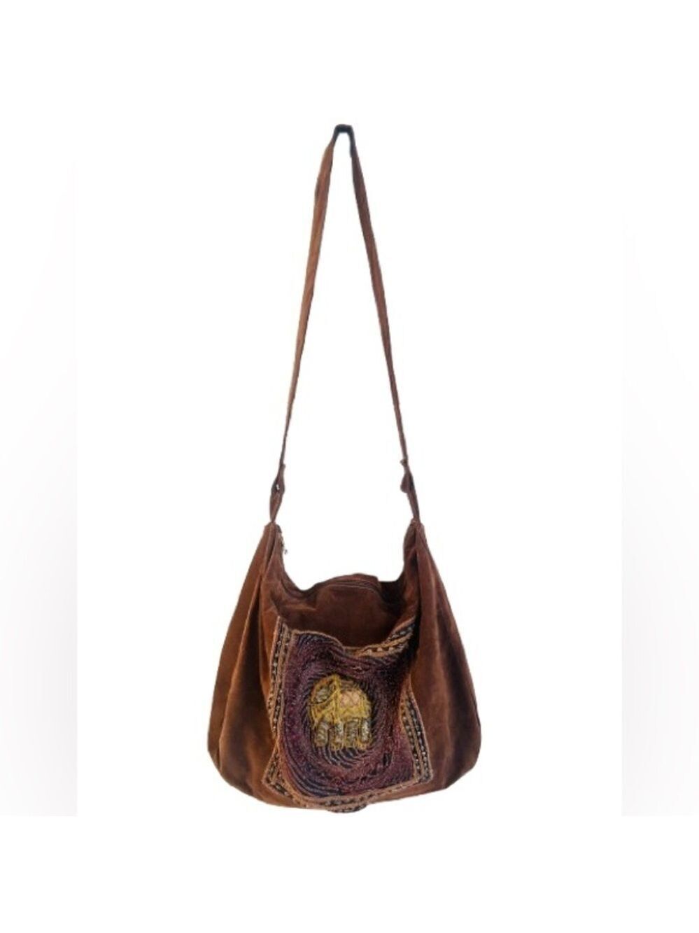 Vintage Rare Italian Beaded Brown Suede Elephant Boho Large Crossbody Hobo Bag